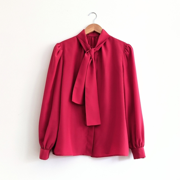 Vintage Tops - Vintage 1960s Red Tie Neck Blouse